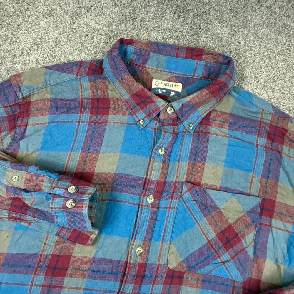 Magellan Outdoors Mens Size 2XL XXL Blue Plaid Flannel Button Down Shirt